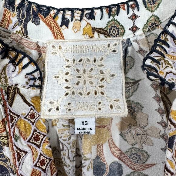 Johnny Was Phoenix Tunic Top XS Silk Floral Boho Print Purple Blue Gold V-Neck - Picture 6 of 7